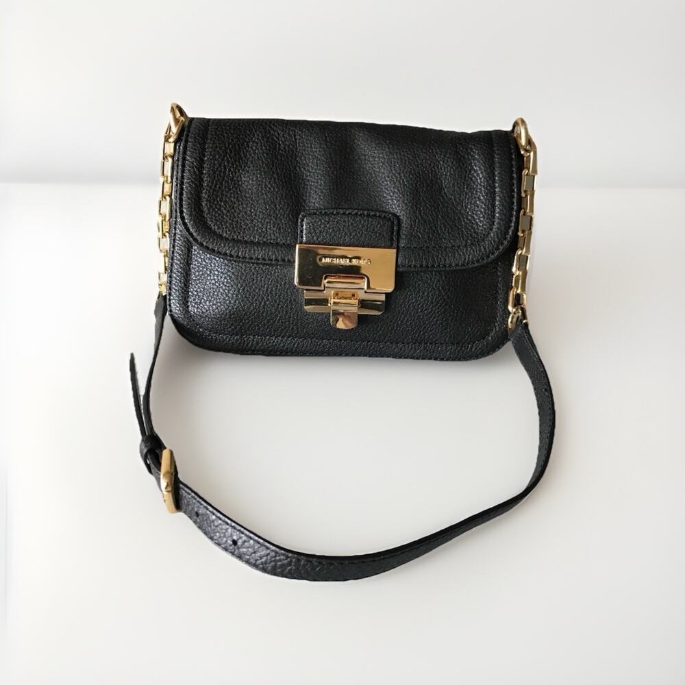 Michael Kors Black Leather Crossbody Bag Gold Chain Lock Flap Shoulder Purse